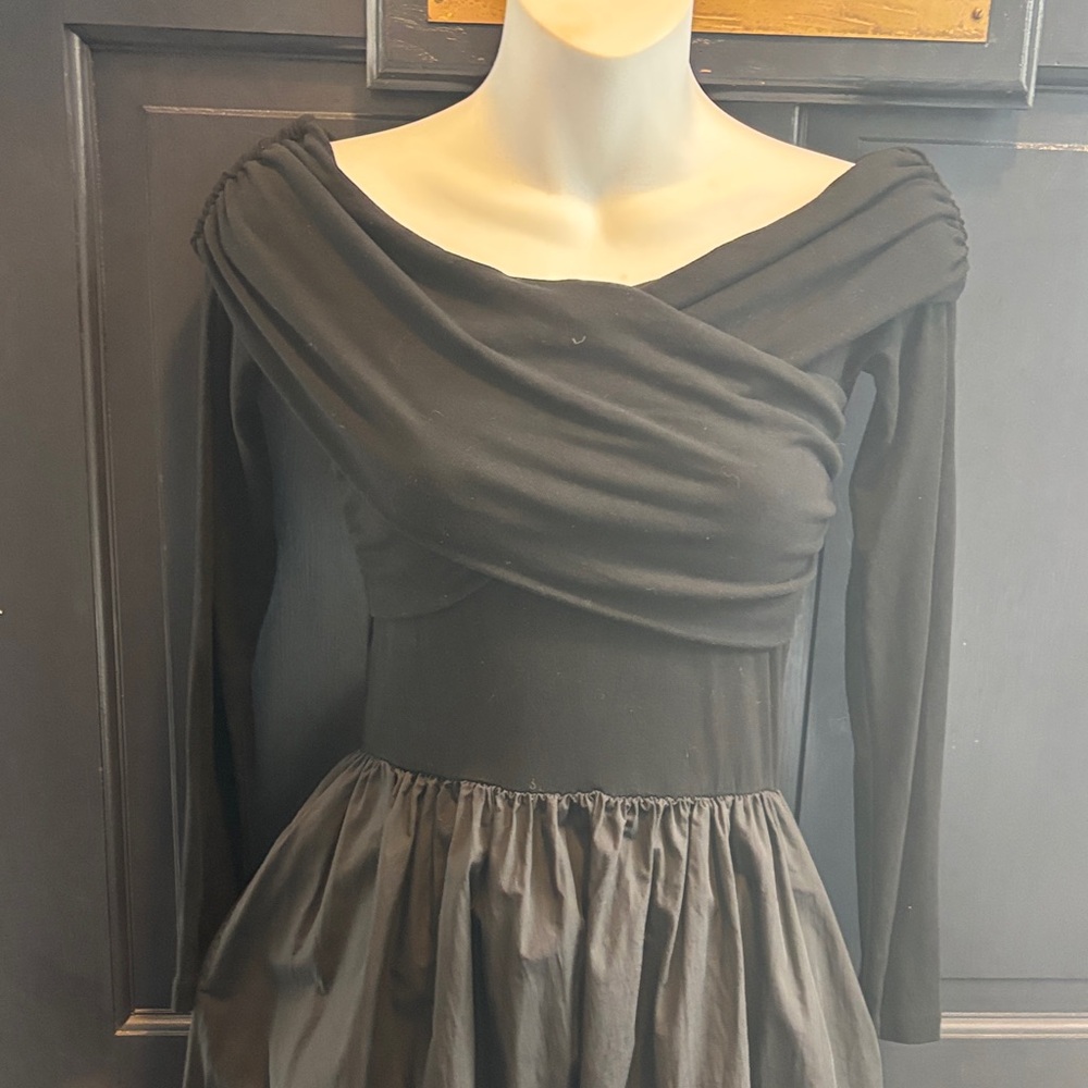 Black Long-Sleeve Draped Neck A-Line Dress - Picture 5 of 11